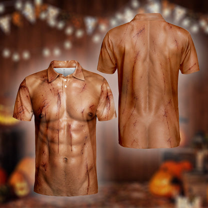 Brown horror polo shirt front view close-up