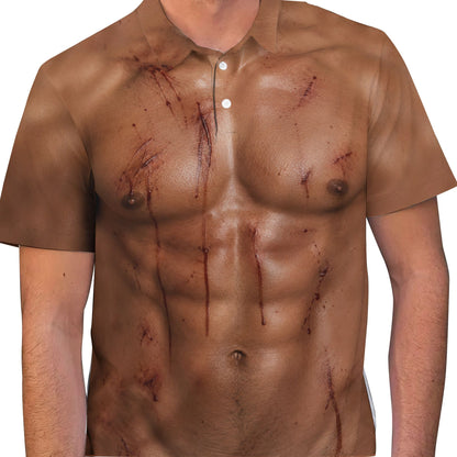 Zombie polo shirt in brown featuring muscular torso design, main view