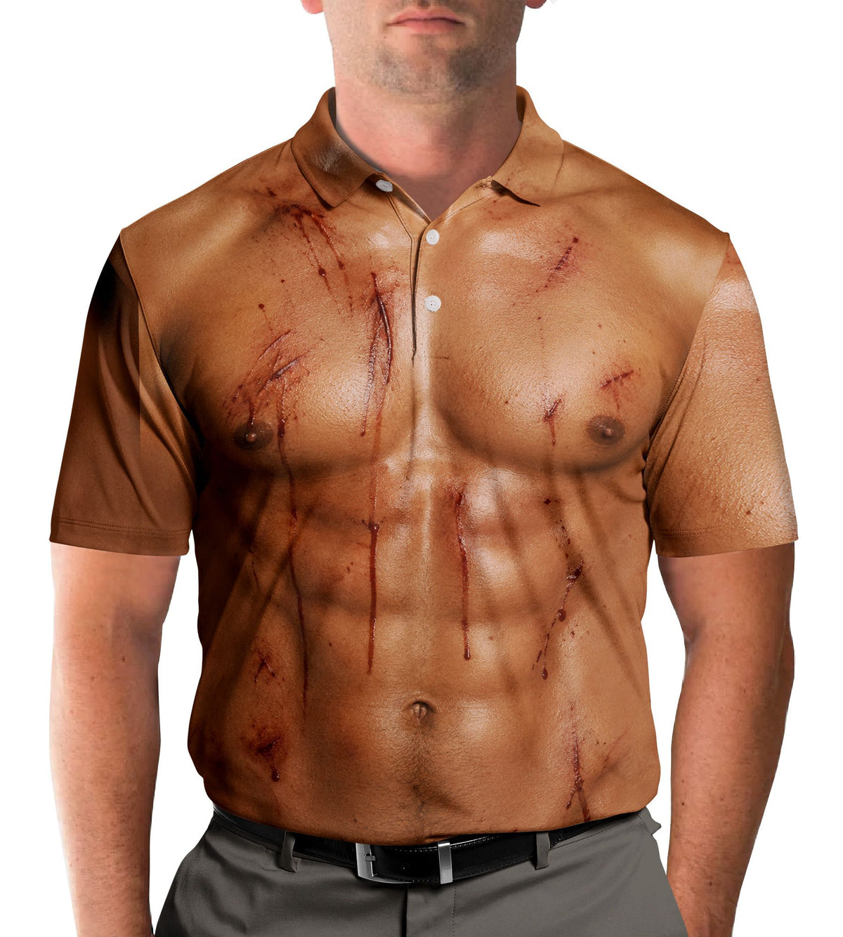 Lifestyle view of a person wearing the brown zombie polo shirt