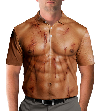 Lifestyle view of a person wearing the brown zombie polo shirt