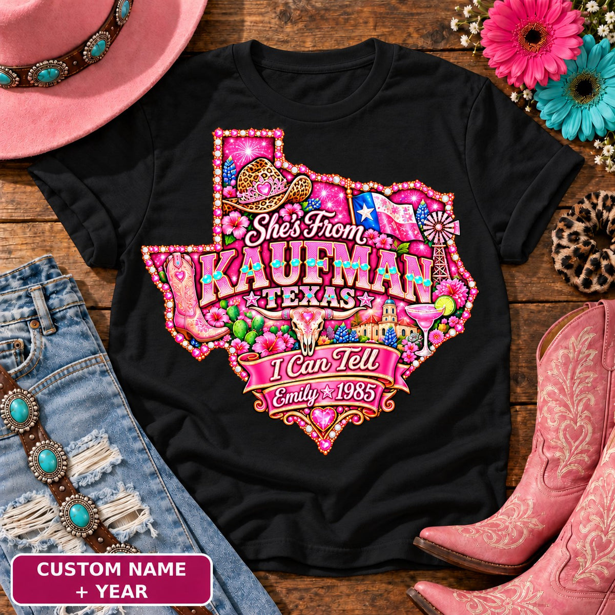 Personalized She's From Kaufman Texas I Can Tell t-shirt on Black, custom name and year badge, pink glitter Texas with rhinestone border, leopard cowgirl hat, flag, boots, longhorn and custom name and year banner NEW2
