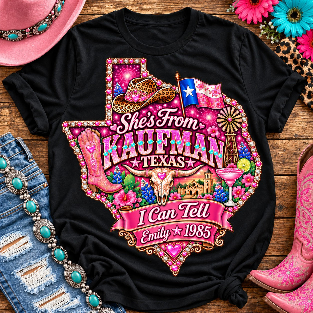 Personalized She's From Kaufman Texas I Can Tell t-shirt on Black with pearl and heart border, pink glitter Texas with rhinestone border, leopard cowgirl hat, flag, boots, longhorn and custom name and year banner NEW2