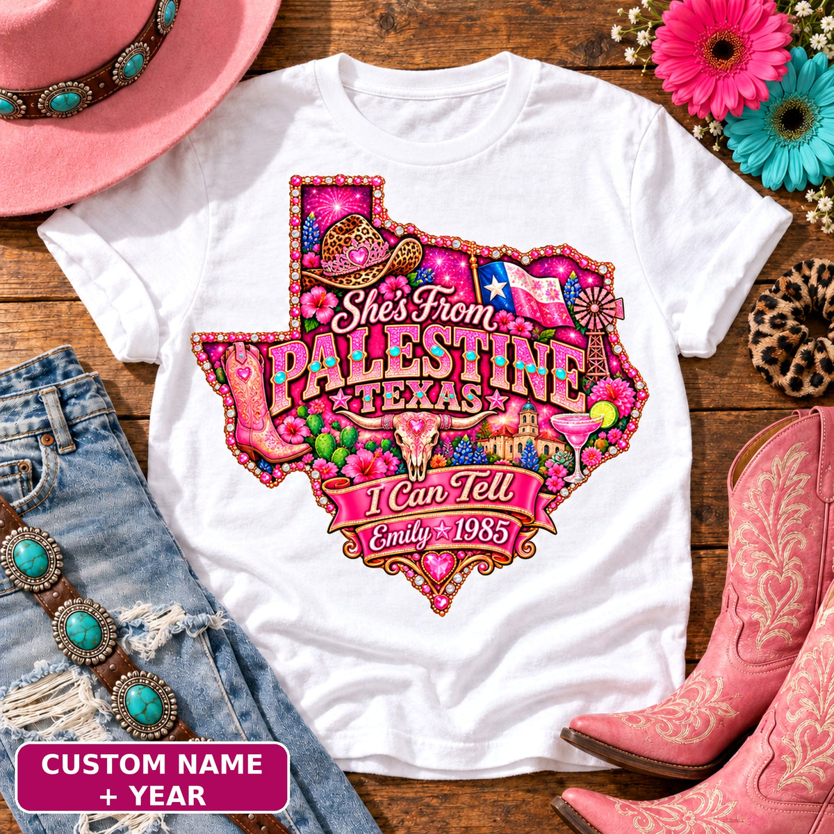 Personalized She's From Palestine Texas I Can Tell t-shirt on White, custom name and year badge, pink glitter Texas with rhinestone border, leopard cowgirl hat, flag, boots, longhorn and custom name and year banner NEW2