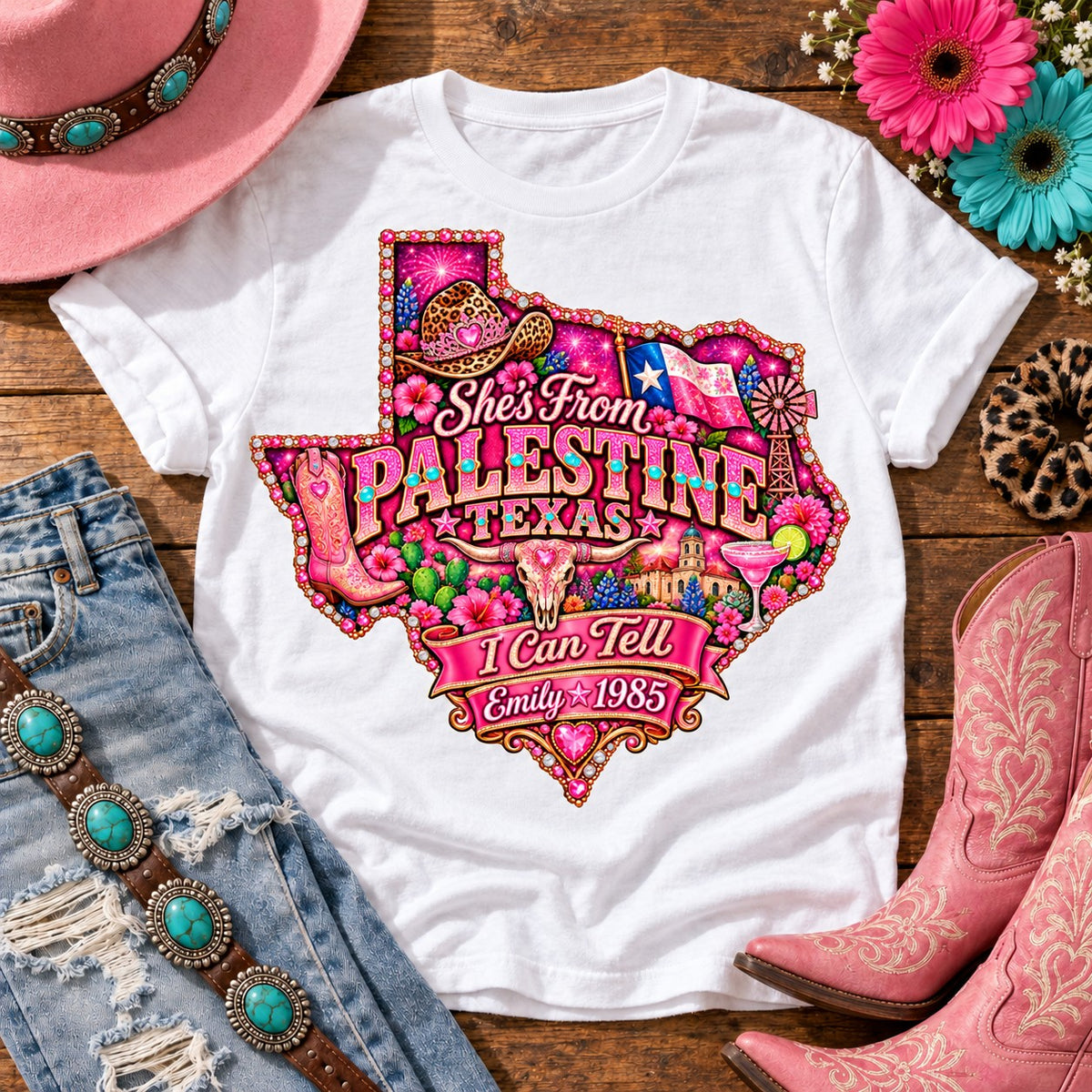 Personalized She's From Palestine Texas I Can Tell t-shirt on White, pink glitter Texas with rhinestone border, leopard cowgirl hat, flag, boots, longhorn and custom name and year banner NEW2