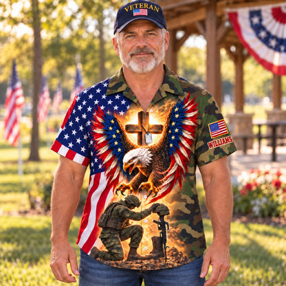 Veteran style, front: American flag eagle, glowing cross with dog tags and a kneeling soldier at a battlefield cross, VETERAN cap, custom name on the sleeve