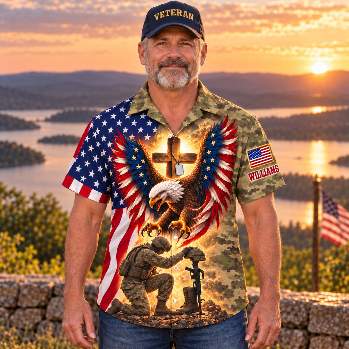 Veteran style, front: American flag eagle, glowing cross with dog tags and a kneeling soldier at a battlefield cross
