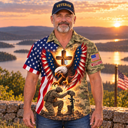 Veteran style, front: American flag eagle, glowing cross with dog tags and a kneeling soldier at a battlefield cross