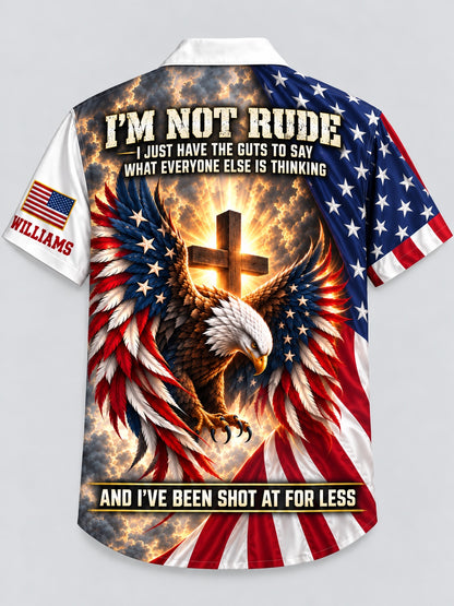 Flat lay back view of the personalized I'm Not Rude veteran Hawaiian shirt with American flag eagle and cross
