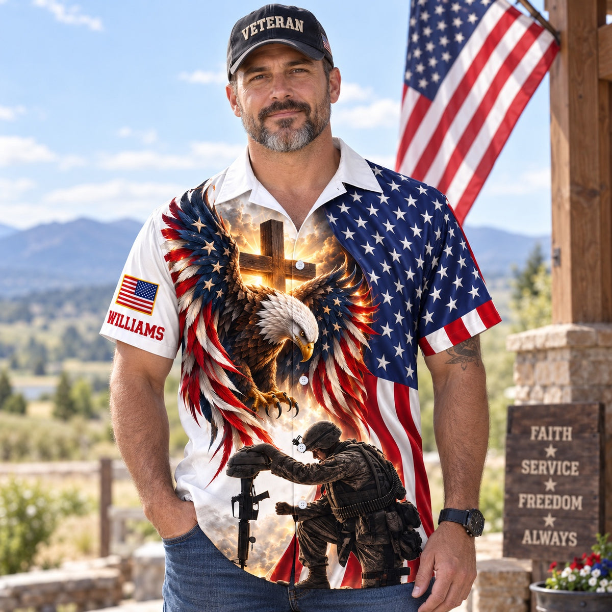 Personalized veteran Hawaiian shirt front view: American flag eagle with glowing cross and kneeling soldier, custom name under the flag patch on the sleeve