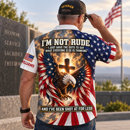 Veteran saluting at a memorial wall in the personalized I'm Not Rude Hawaiian shirt, back view
