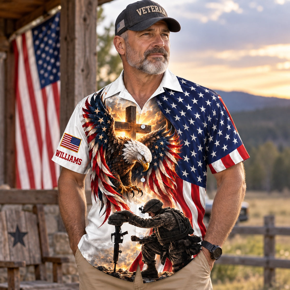 Veteran wearing the personalized patriotic eagle and cross Hawaiian shirt on a porch at sunset