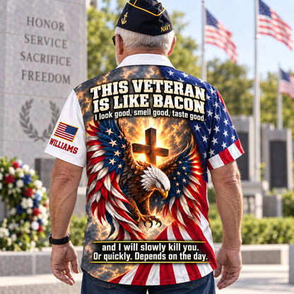 Navy veteran at a memorial wall wearing the personalized This Veteran Is Like Bacon Hawaiian shirt, back view