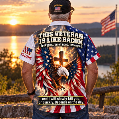 Veteran at a lakeside sunset in the personalized This Veteran Is Like Bacon patriotic eagle Hawaiian shirt