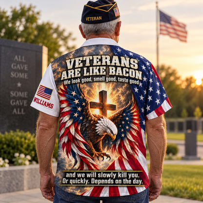 Veteran at a memorial wall wearing the personalized Veterans Are Like Bacon Hawaiian shirt, back view