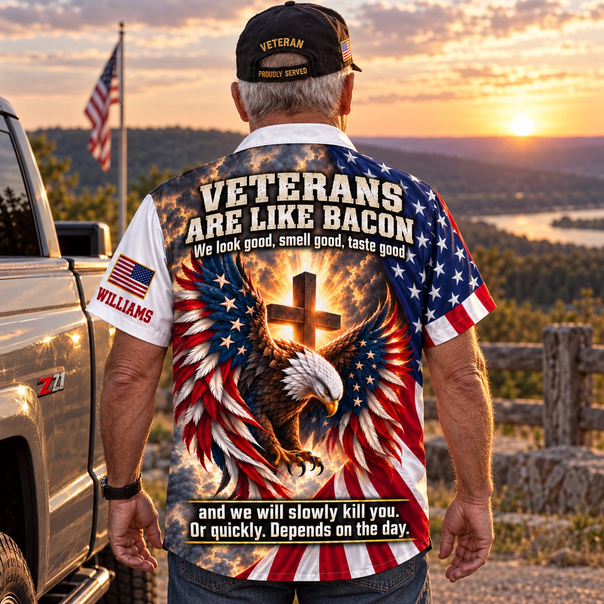 Veteran by his truck at sunset in the personalized Veterans Are Like Bacon patriotic eagle Hawaiian shirt