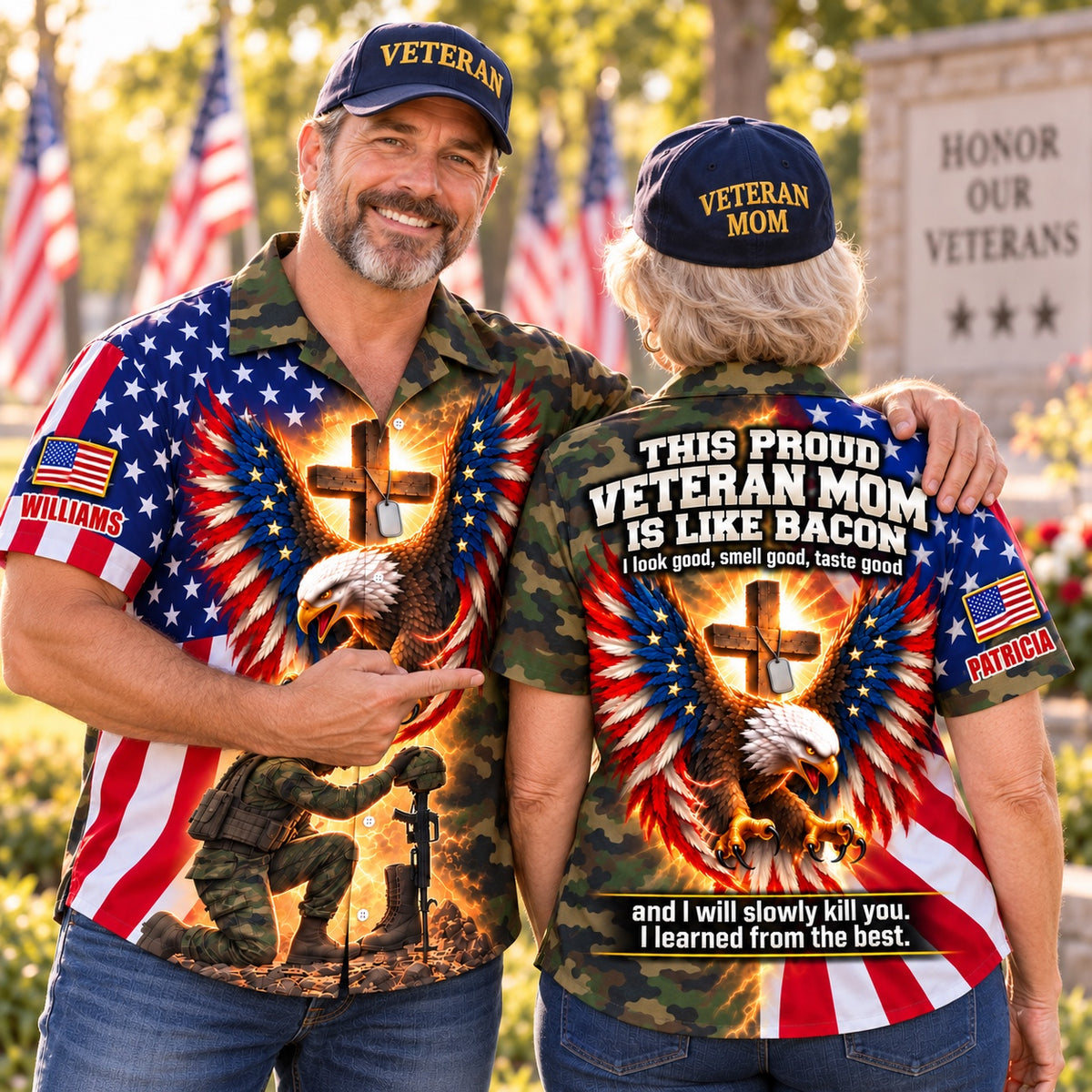 Veteran dad and veteran mom couple in matching personalized camo eagle and cross Hawaiian shirts with custom names at a veterans memorial, front and back views