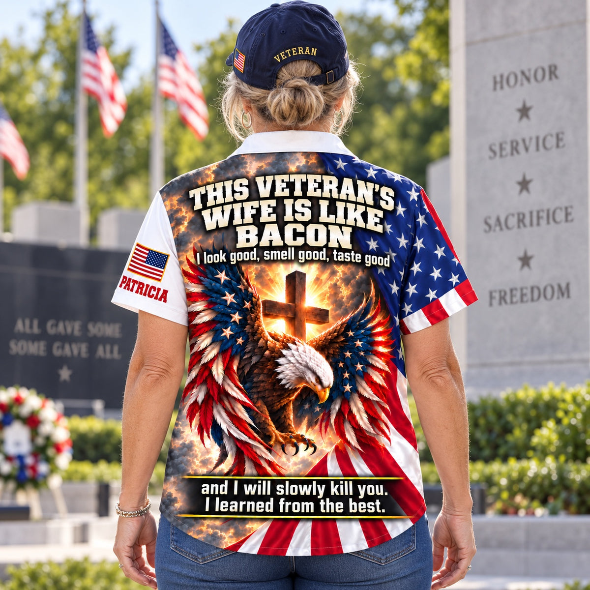 Woman at a veterans memorial wearing the personalized Veteran's Wife Is Like Bacon Hawaiian shirt, back view
