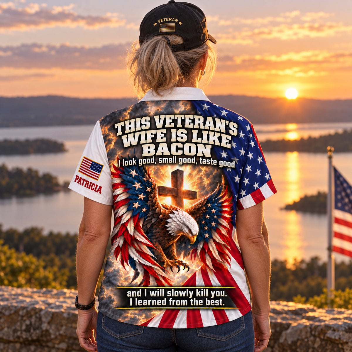 Woman at a lakeside sunset in the personalized Veteran's Wife Is Like Bacon patriotic eagle Hawaiian shirt, back view