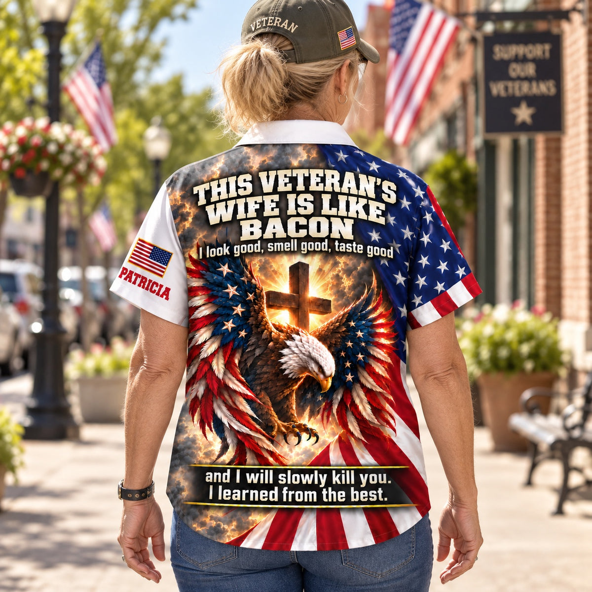 Back of the personalized This Veteran's Wife Is Like Bacon Hawaiian shirt: American flag eagle and glowing cross with the funny quote, custom name on the sleeve