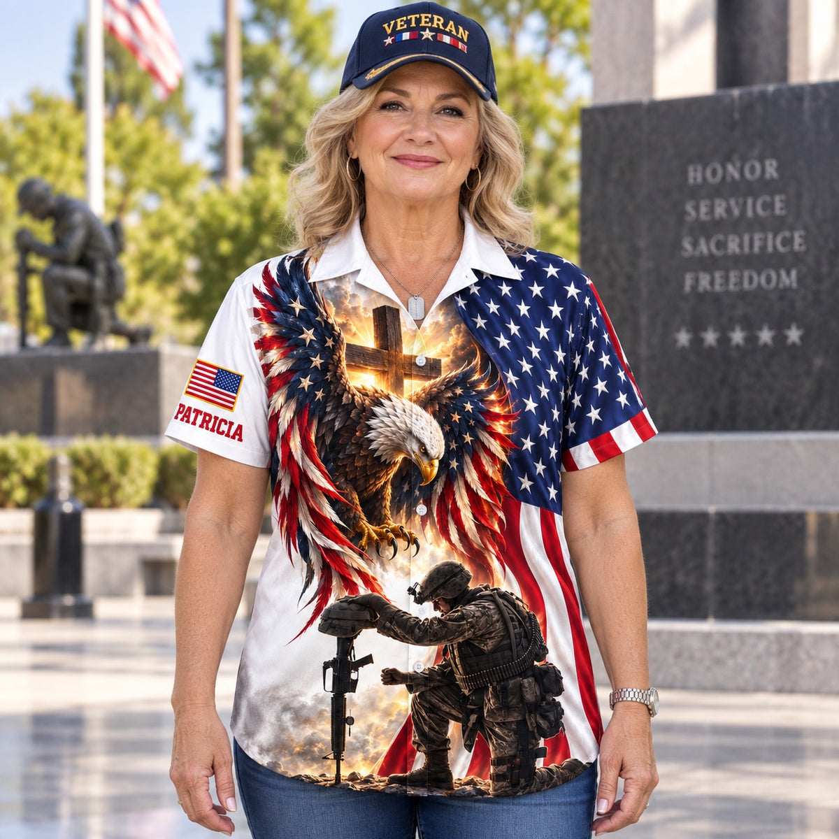 Woman in a veteran cap wearing the personalized patriotic eagle and cross Hawaiian shirt at a memorial, front view