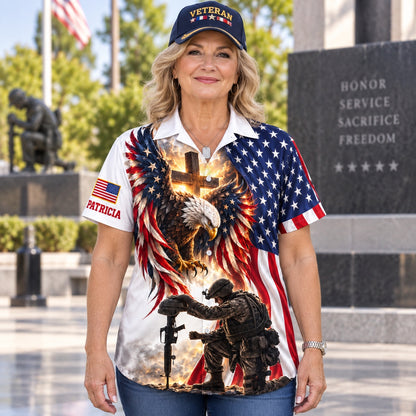 Woman in a veteran cap wearing the personalized patriotic eagle and cross Hawaiian shirt at a memorial, front view