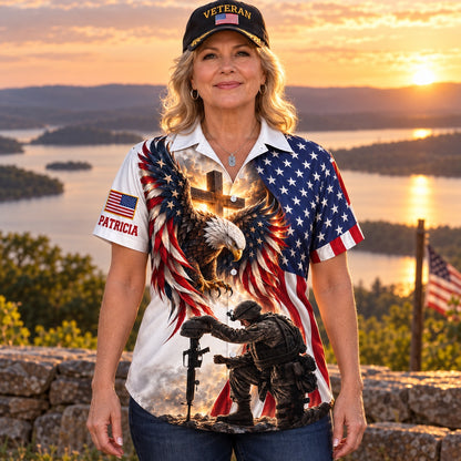 Woman wearing the personalized veteran's wife eagle and cross Hawaiian shirt at sunset, front view