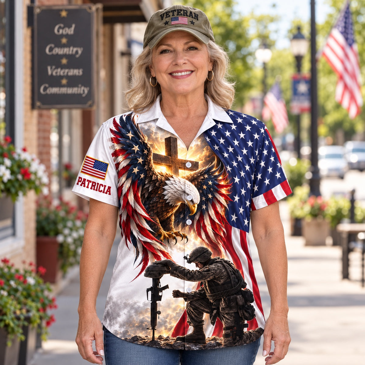 Front of the personalized veteran's wife Hawaiian shirt: American flag eagle with glowing cross and kneeling soldier, custom name under the flag patch on the sleeve