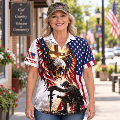 Front of the personalized veteran's wife Hawaiian shirt: American flag eagle with glowing cross and kneeling soldier, custom name under the flag patch on the sleeve