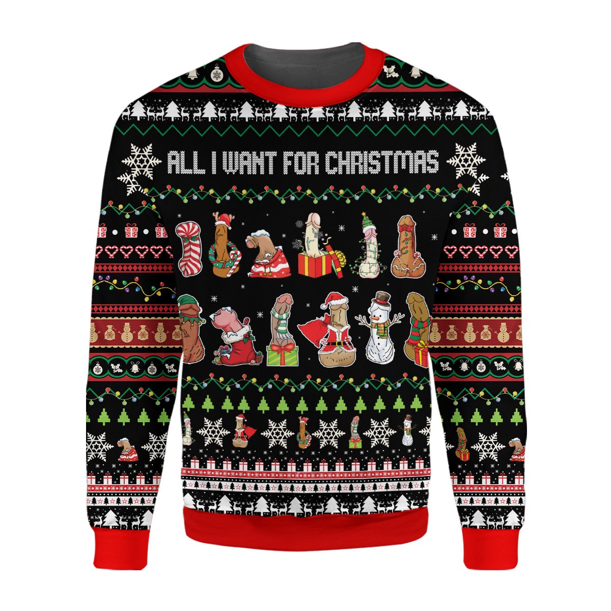 Close-up back view of the festive polyester ugly sweater