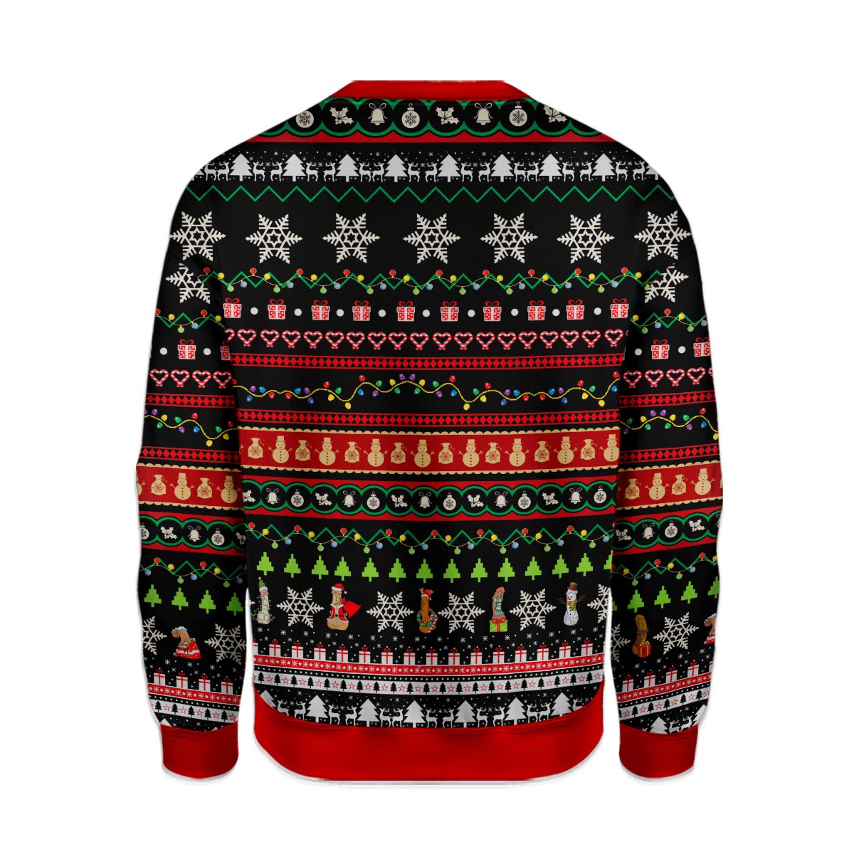 Close-up front view of the funny adult ugly sweater pattern and text