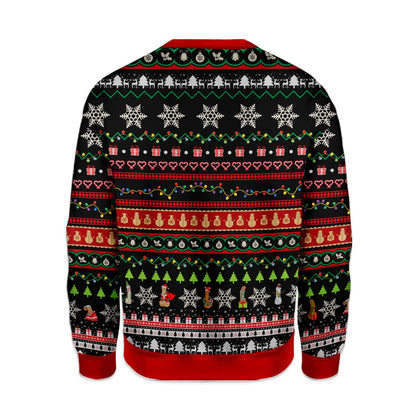Close-up front view of the funny adult ugly sweater pattern and text
