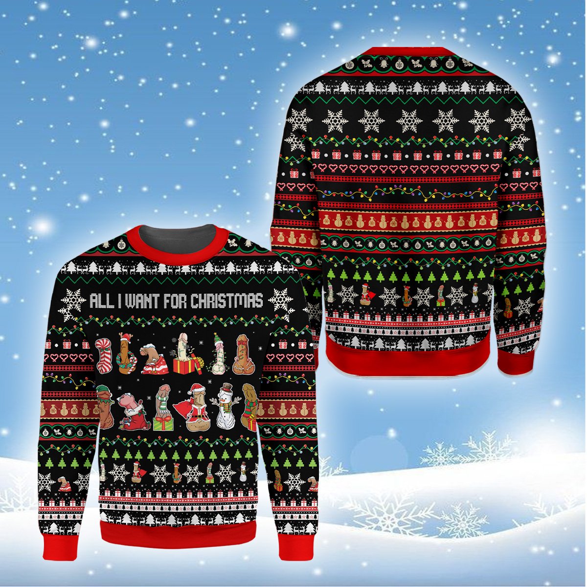 Detailed front view showcasing the red and green details on the black ugly sweater