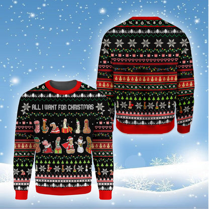 Detailed front view showcasing the red and green details on the black ugly sweater