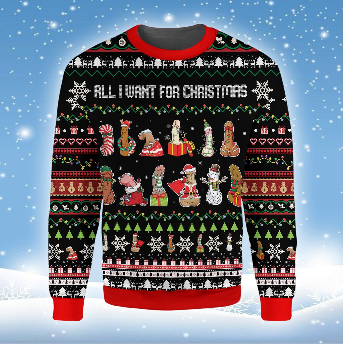 Main view of the ugly christmas sweater adult featuring a funny humor design on black