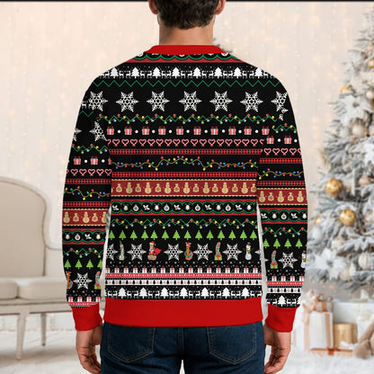 Another lifestyle shot showing the ugly christmas sweater adult humor design in action