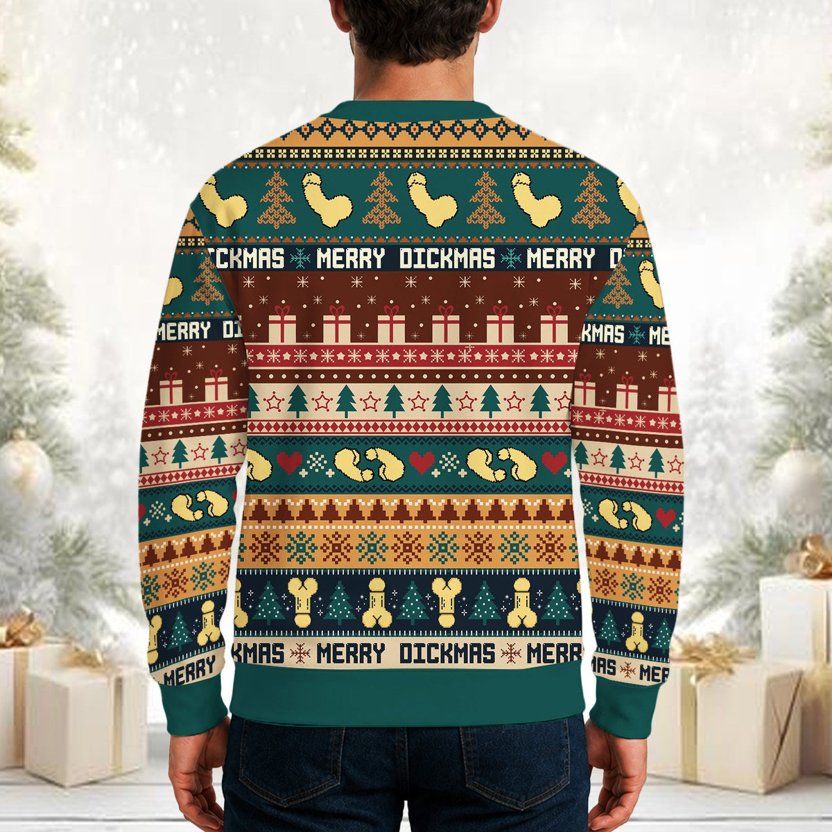 Back view of the multicolor humor ugly sweater