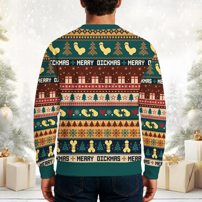 Back view of the multicolor humor ugly sweater