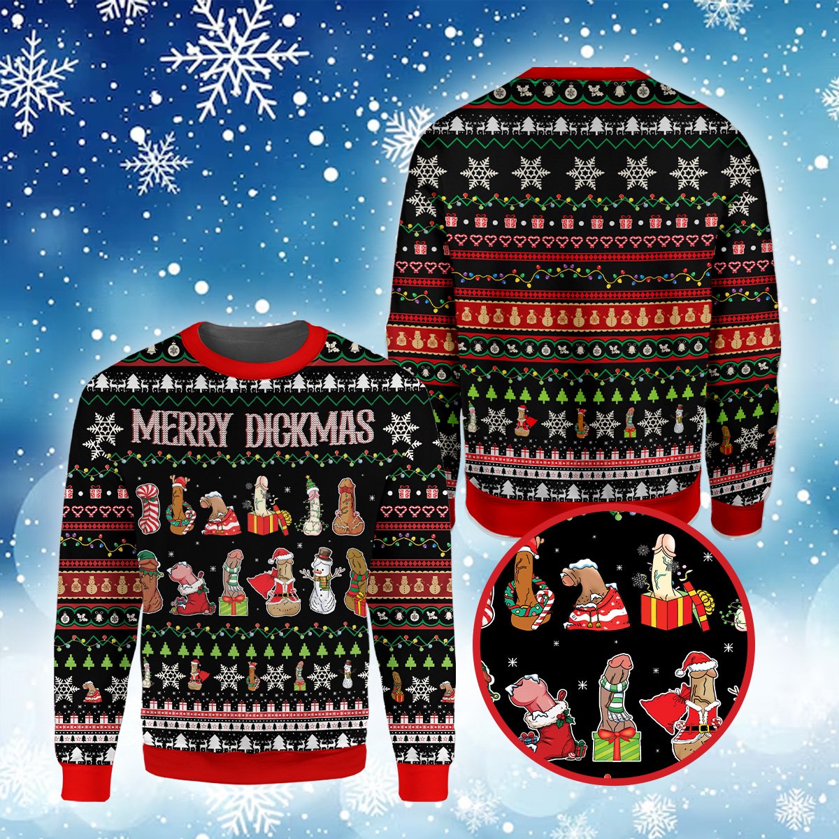 Close-up front view of the funny adult ugly sweater collar and chest