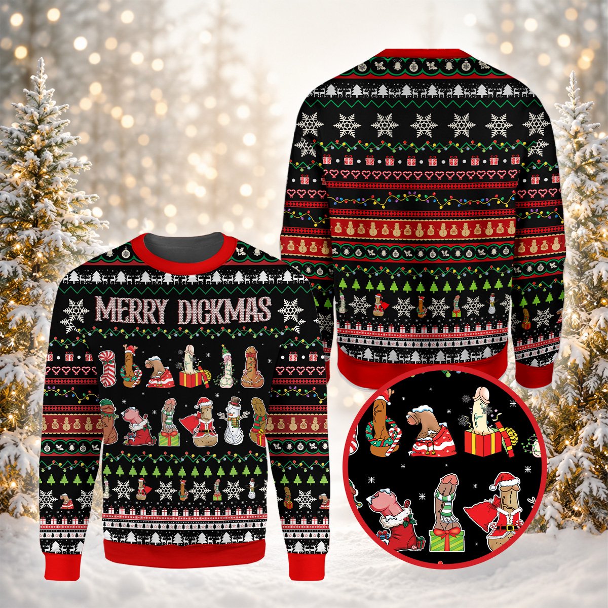 Detailed front view showing reindeer and snowflake patterns on the sweater