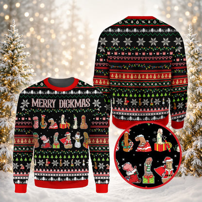 Detailed front view showing reindeer and snowflake patterns on the sweater