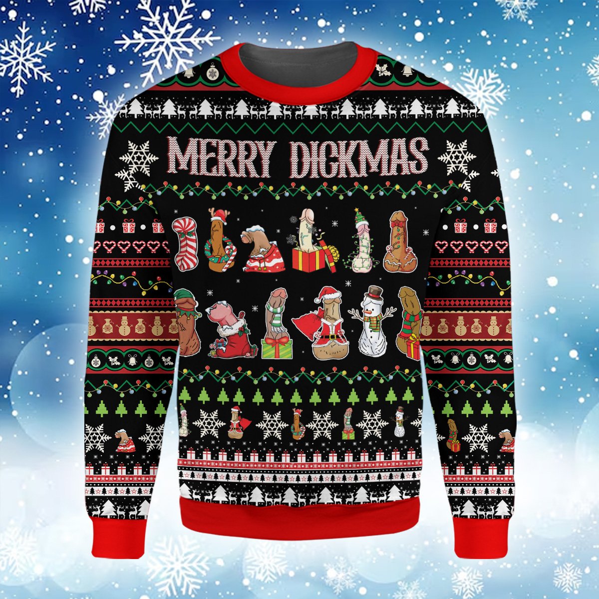 Lower front view of the adult humor holiday sweater hem and design