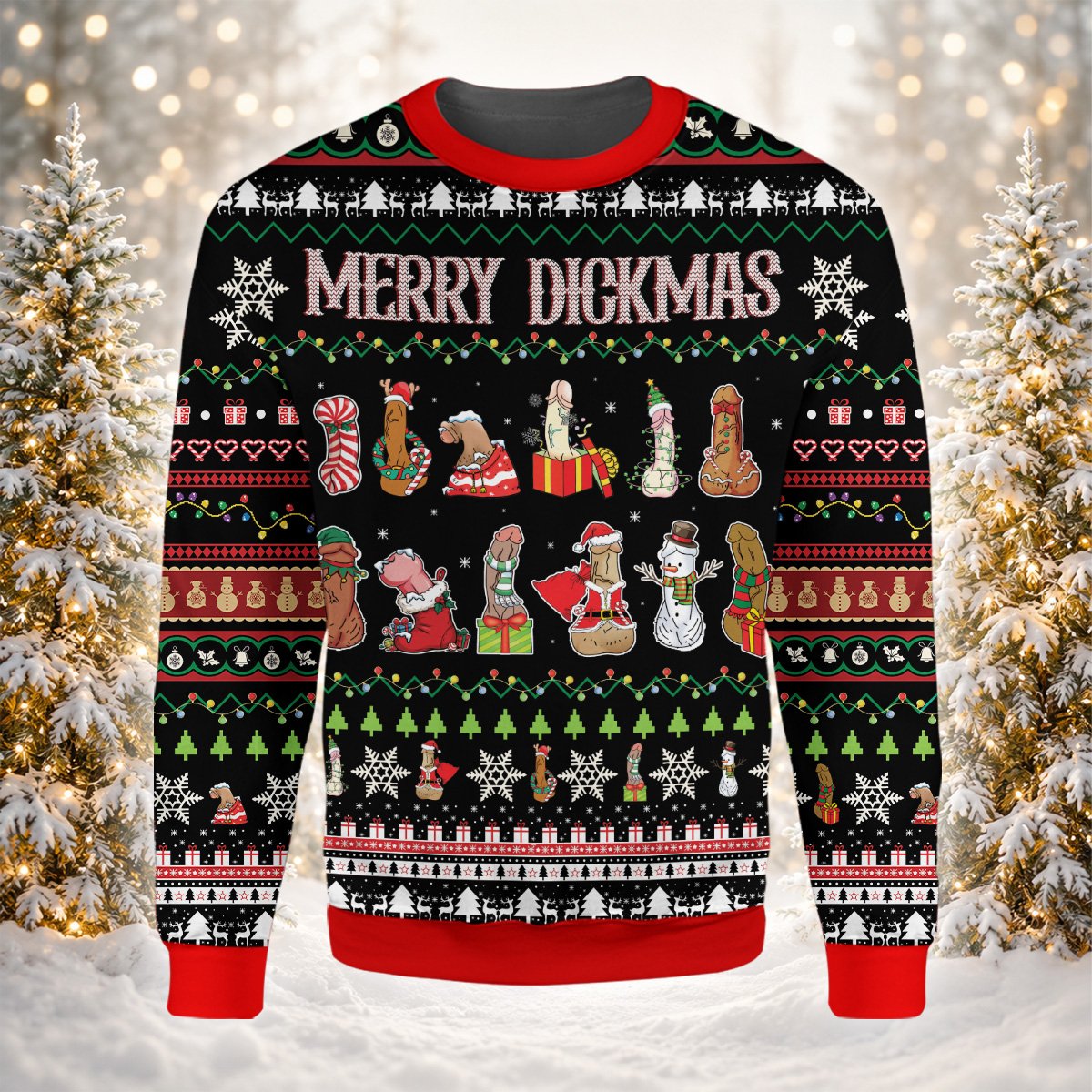 Side front angle of the black adult ugly sweater with red trim