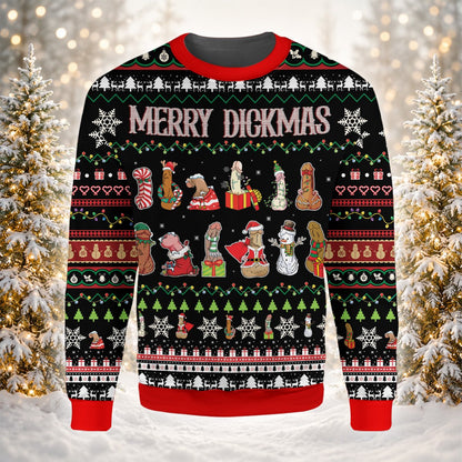 Side front angle of the black adult ugly sweater with red trim