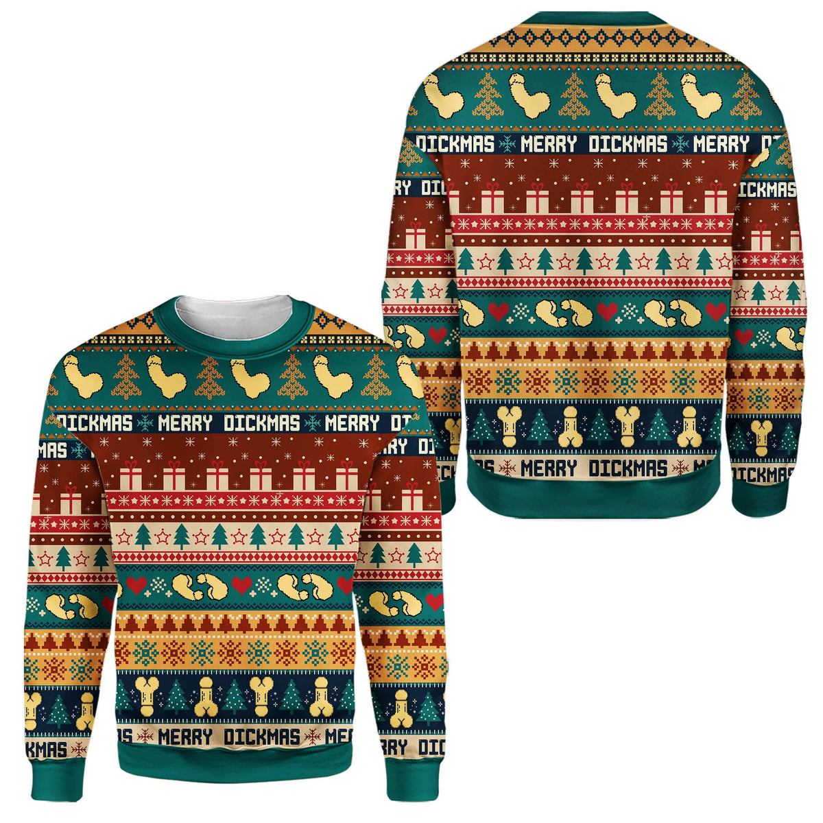 Main view of the women's adult ugly christmas sweater in a teal and multicolor pattern