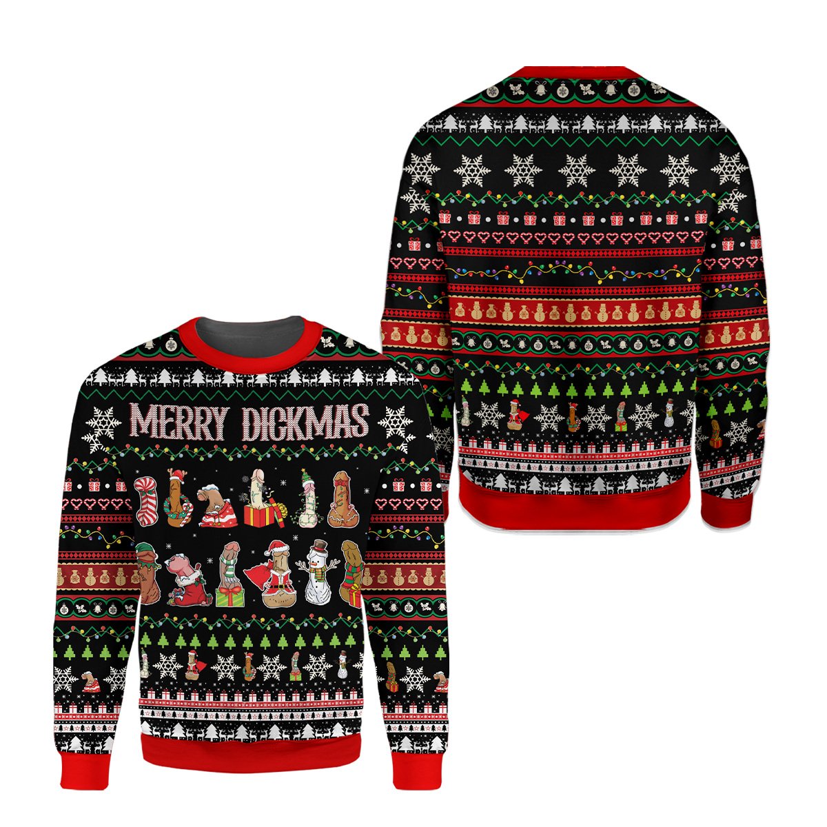 Adult ugly christmas sweater with Merry Dickmas text and festive patterns, main view