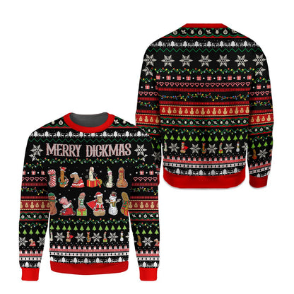 Adult ugly christmas sweater with Merry Dickmas text and festive patterns, main view