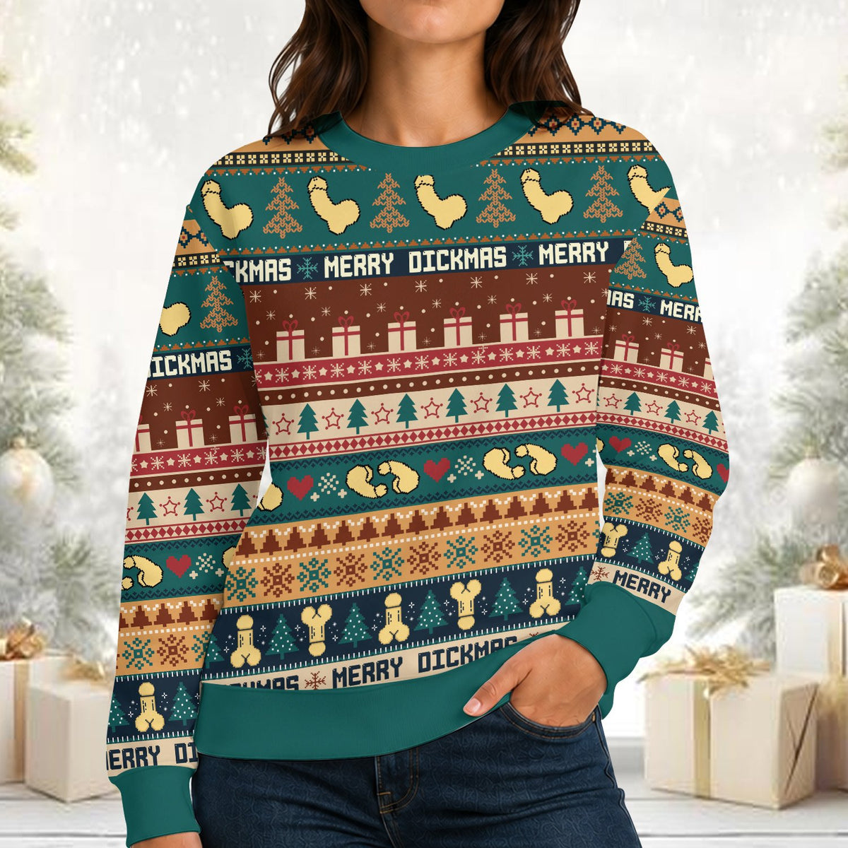 Third lifestyle view of the multicolor adult ugly sweater