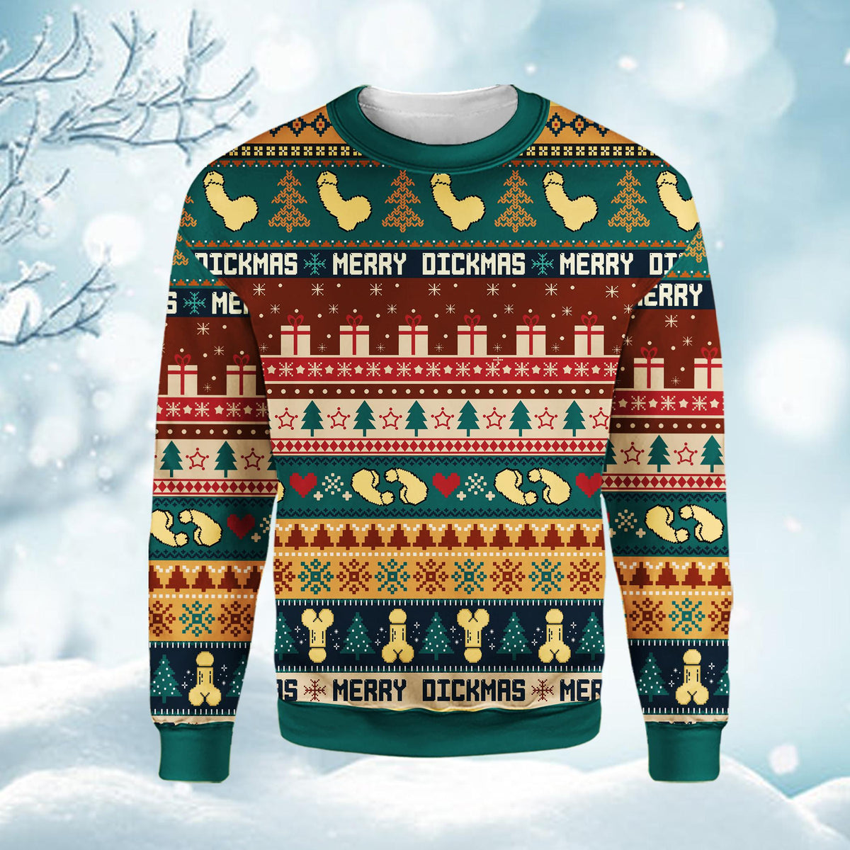 Second lifestyle view featuring the teal holiday ugly sweater