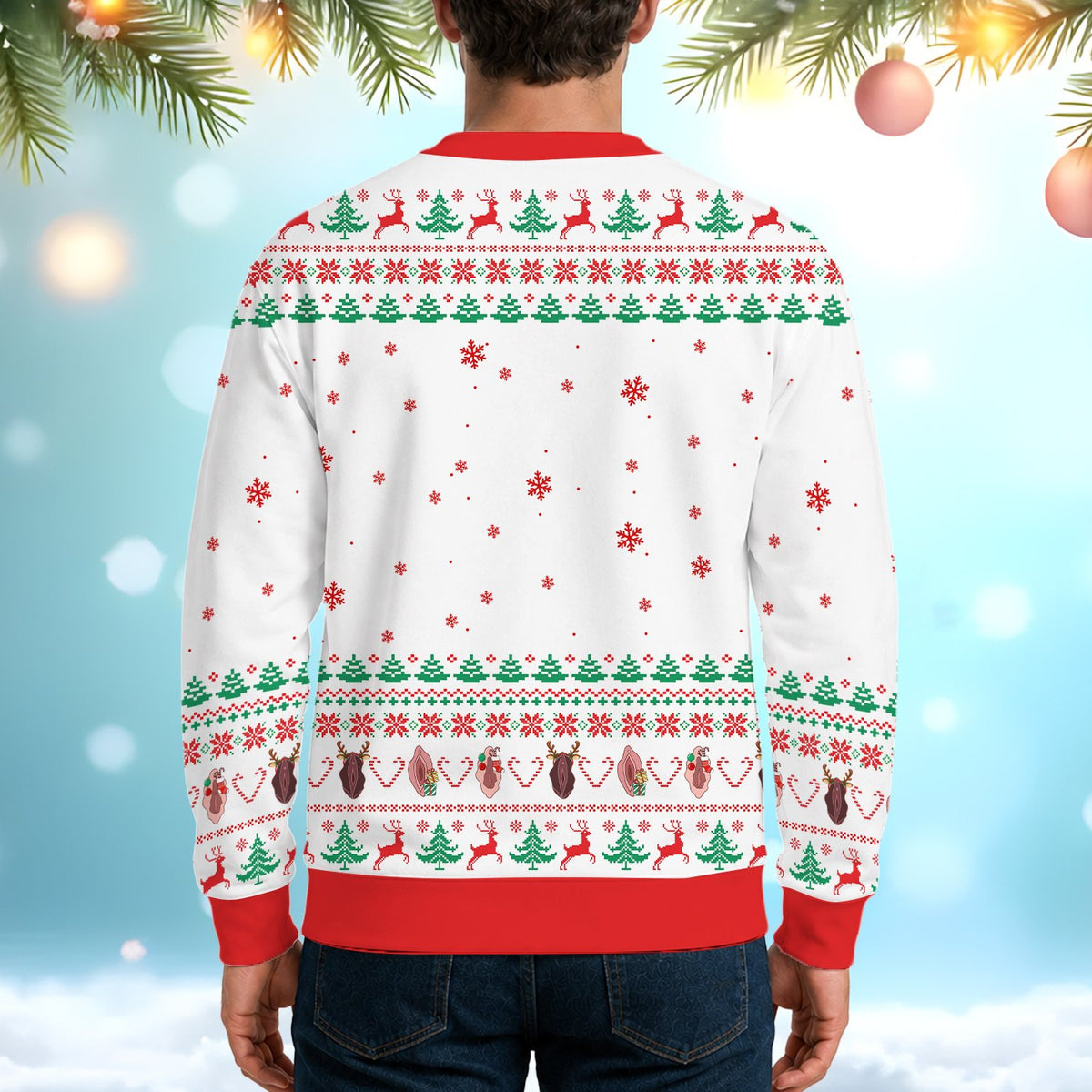 Second back view of the adult humor ugly Christmas sweater