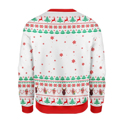 Back view of the adult humor ugly Christmas sweater with multicolor accents